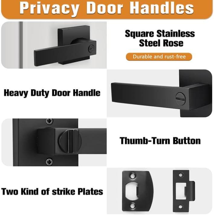 Probrico Interior Black Door Handle, Heavy Duty, Flat Square Privacy Door Handles, Keyless Door Levers Lockset for Bedroom and Bathroom (6 Pack, Modern)