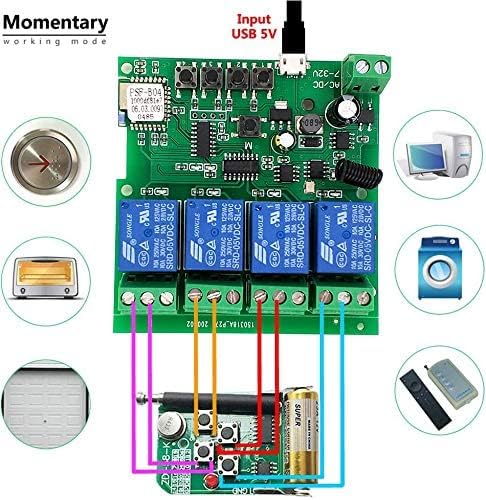 4 Channels WiFi Wireless Smart Switch Inching Self-Locking Relay Module,for DIY Access Control, Garage Door Opener with 433RF Remote Control （Ewelink App）
