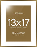 Homeforia 13x17 Picture Frame Bronze, High End Metal 13x17 Brass Poster Frames with Mat 10x14 Photo, 13 x 17 Frame Matted to 10 by 14 inch Print, 17by13 Thin Frames, Tempered Glass, Wall Kit, Set of 1