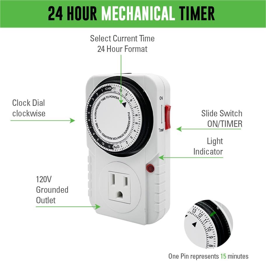 Generic 120V Mechanical Timer with Single Outlet for Aquarium, Grow Light, Hydroponics, Indoor Lighting, Home Appliances, White, TM-M1/120