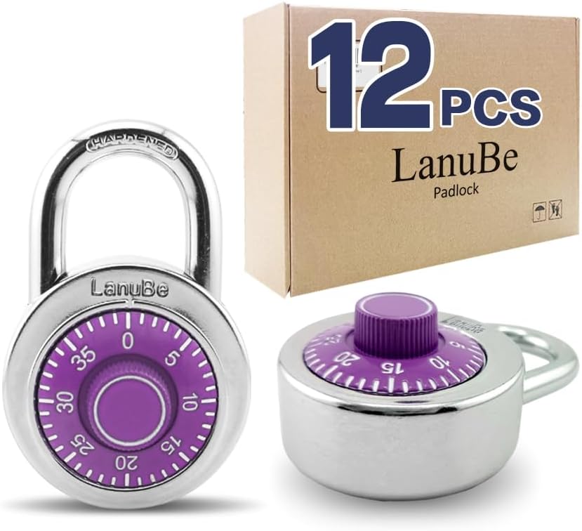 LanuBe Standard Dial Combination Lock, 2 inches. Wide, with Different Combinations, Purple Turnplate, Pack of 12; Lock for School, Employee, Gym Sports Locker, Case, Toolbox