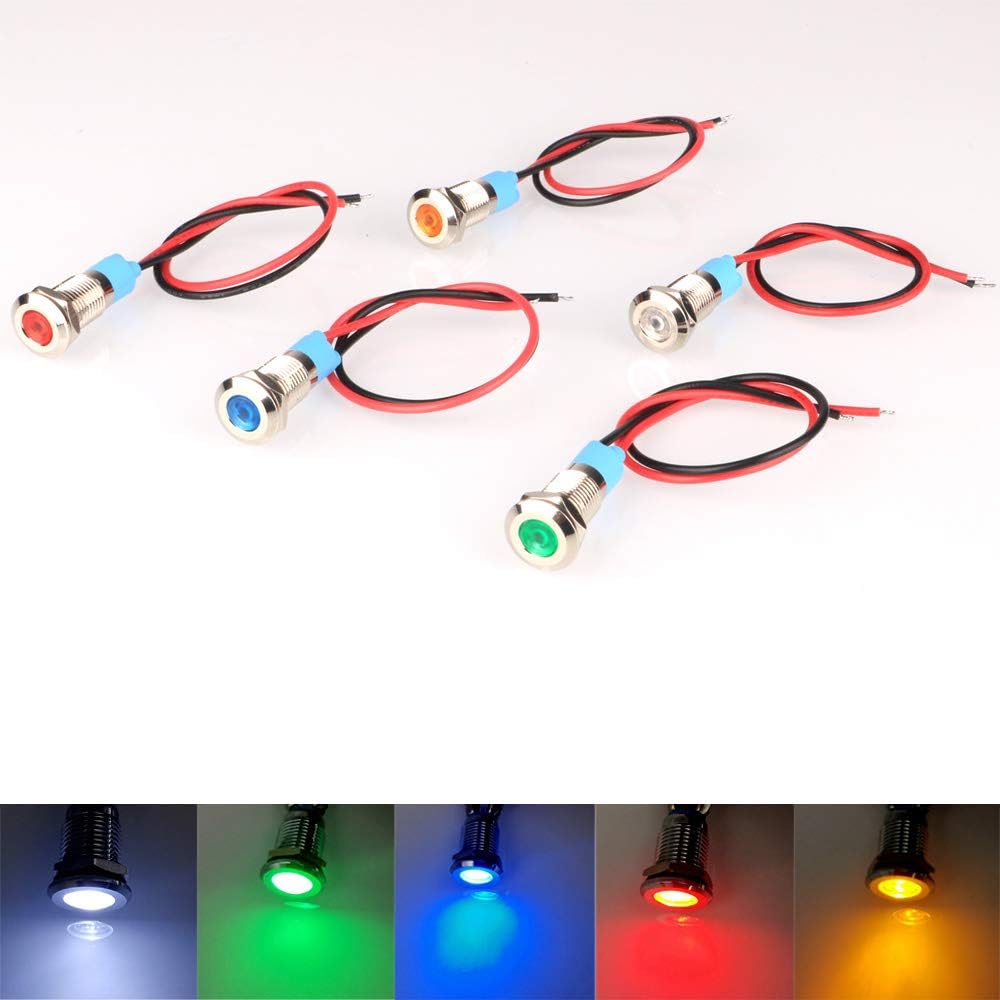 5pcs 8mm LED Metal Indicator Light AC/DC 12-24V Waterproof Signal Lamp Pilot Dash Directional with Wire