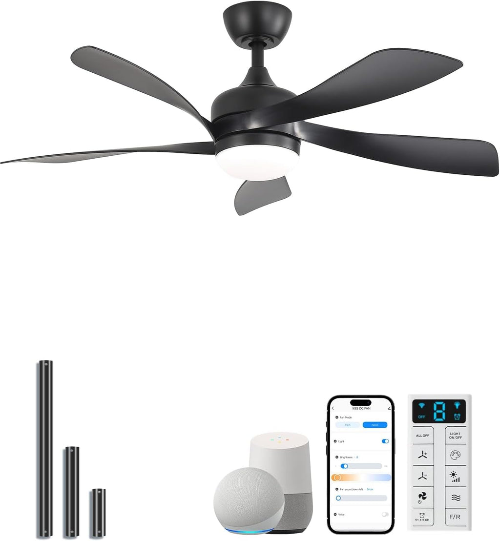 Sofucor 45" Smart Ceiling Fan, Indoor/Outdoor Black Ceiling Fans with Lights and Remote, Works with Alexa/Google/App, 3-Color Light 6-Speed Timing Reversible DC Motor for Bedroom Living Room Patio