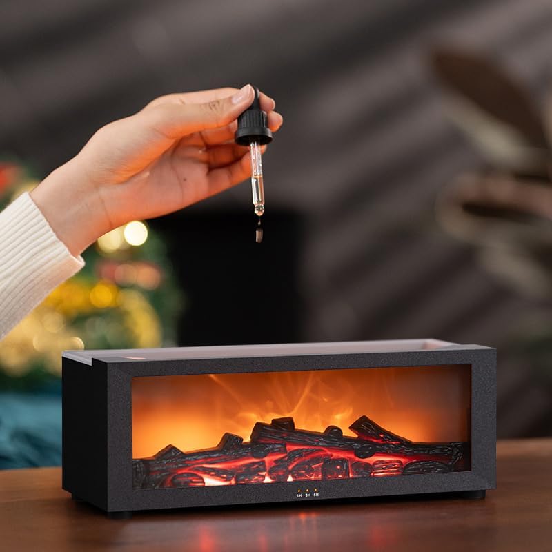 Essential Oil Diffuser, Fireplace Flame Oil Diffuser - Aromatherapy Aroma Humidifier, Upgrade 7 Flame Colors Noiseless 150ml Remote Control - Perfect for Bedroom Home Office (Fireplace White)