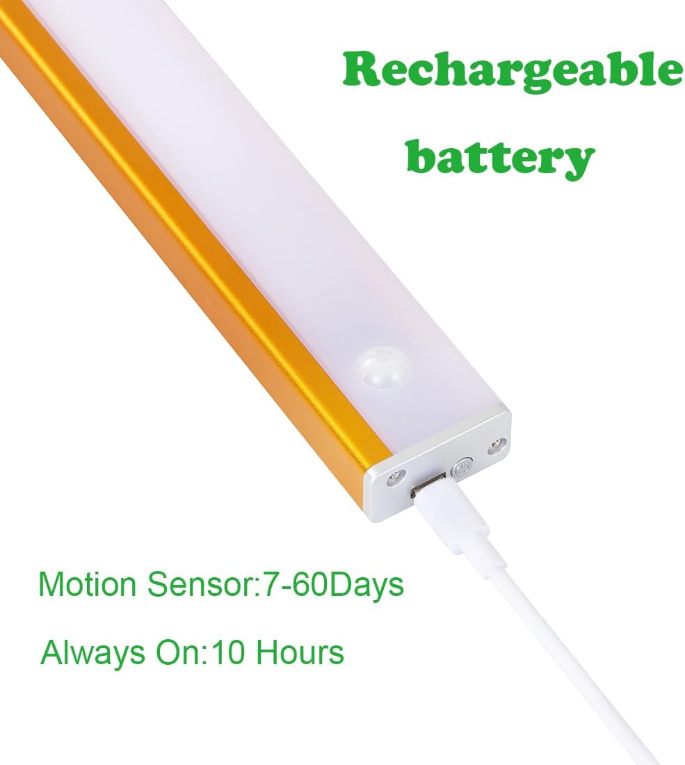 Under Cabinet Lights LED Closet Light Motion Sensor Wireless Rechargeable Battery Operated Magnetic Night Lights Counter Lighting for Kitchen,Hallway,closet,Stairs,Pantry (gold-warm white, 40cm)