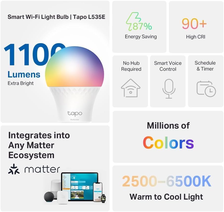 TP-Link Tapo Smart Light Bulbs, 1100 Lumens High Brightness(75W Equivalent), Matter-Certified, 16M Colors RGBW LED Bulb, Dimmable, CRI>90, Voice Control w/Siri, Alexa & Google Home, A19 E26 Tapo L535E