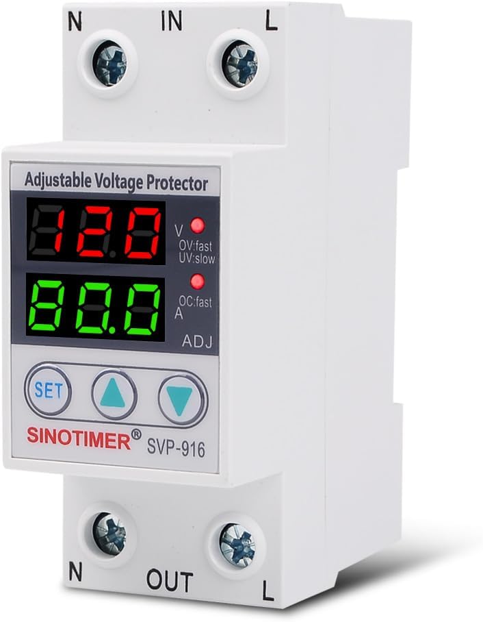 SVP916 SINOTIMER Dual LED Display 120VAC 80A Adjustable Voltage Surge Protector Relay with Limit Current Protection, Din Rail Installation in DB Home Usage (Green Display)