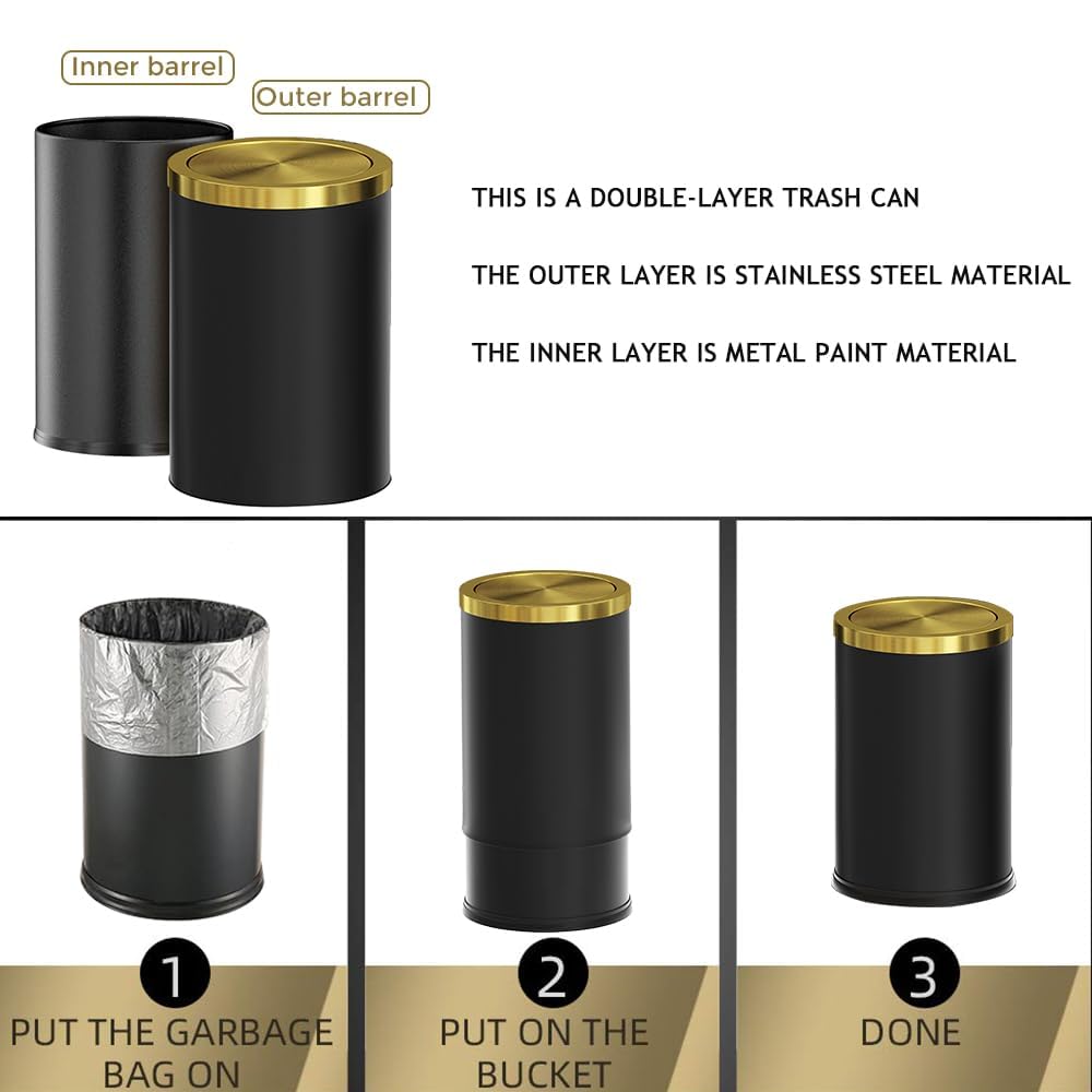 Brushed Brass Garbage can,Bathroom Trash can with lid，Modern Small Trash Can with Flipping Lid, 9 L,Garbage cans for Bathroom, Kitchen,Bedroom, Metallic Gold (Black（Double）)
