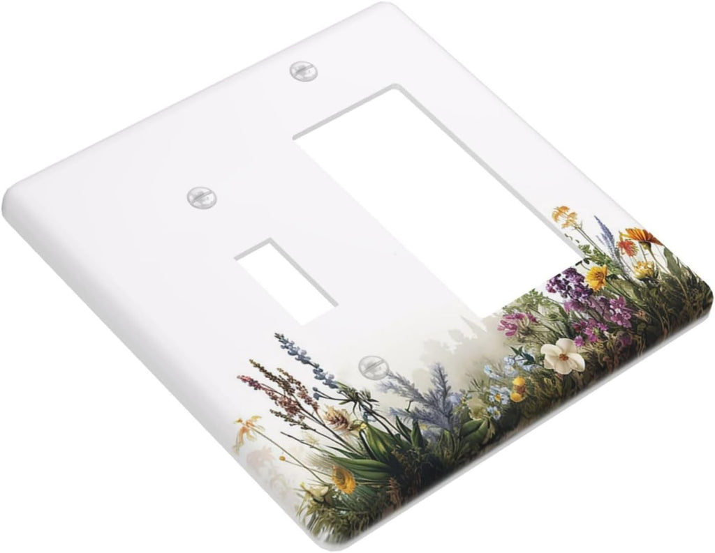 Outlet Covers White Background Colorful Flowers Plants Green Leaves 1 Toggle 1 Rocker Combo Light Switch Cover Plate Decorative Switch Plate Covers Electrical Wall Plate for Bedroom Home Decor