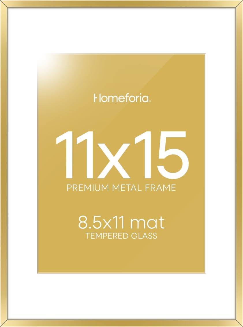 Homeforia 11x15 Picture Frame Gold, High End Metal 11x15 Poster Frames with Mat for 8.5x11, 11 x 15 Gold Frames Matted to 8.5 x 11 inch Photo, 11by15 Hanging Frames, Tempered Glass, Wall Kit, Set of 1