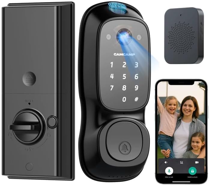 Camcamp Smart Door Lock,Fingerprint Keyless Entry Door Lock with Camera&Doorbell,Built-in Wi-Fi Deadbolt Smart Lock for Front Door,2-Way Audio,App Control,8Months Battery,Auto Locking,IP66Waterproof