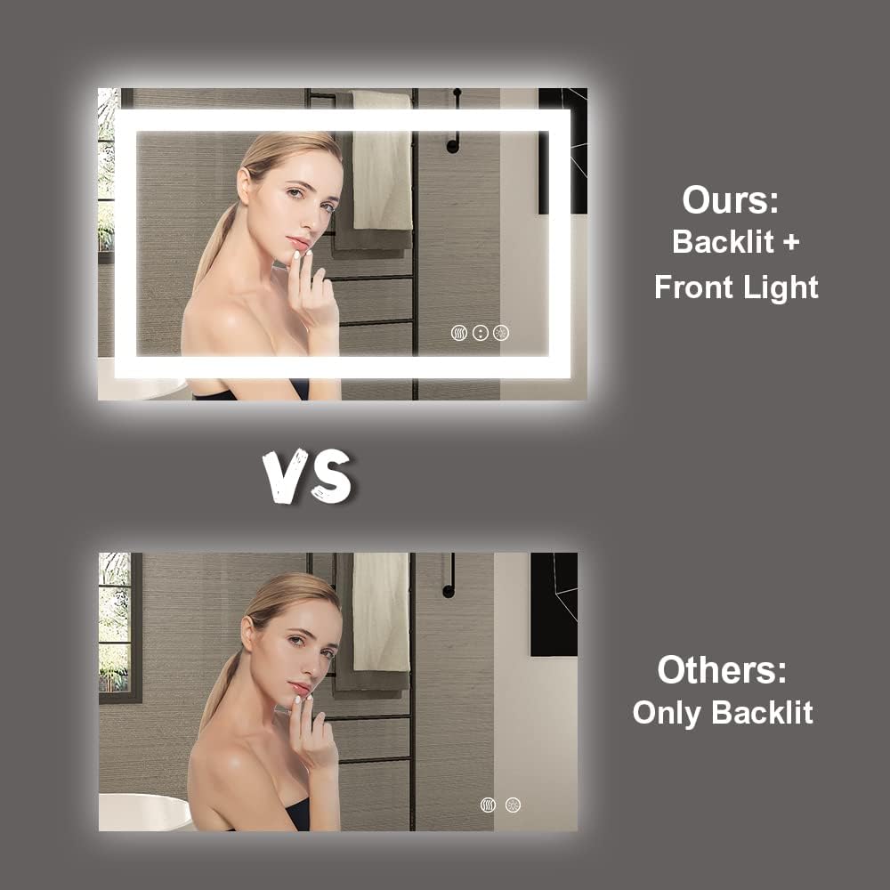 Amorho LED Bathroom Mirror, 48"x 32" with Front and Backlight, Stepless Dimmable Wall Mirrors with Anti-Fog, Shatter-Proof, Memory, 3 Colors, Double LED Vanity Mirror