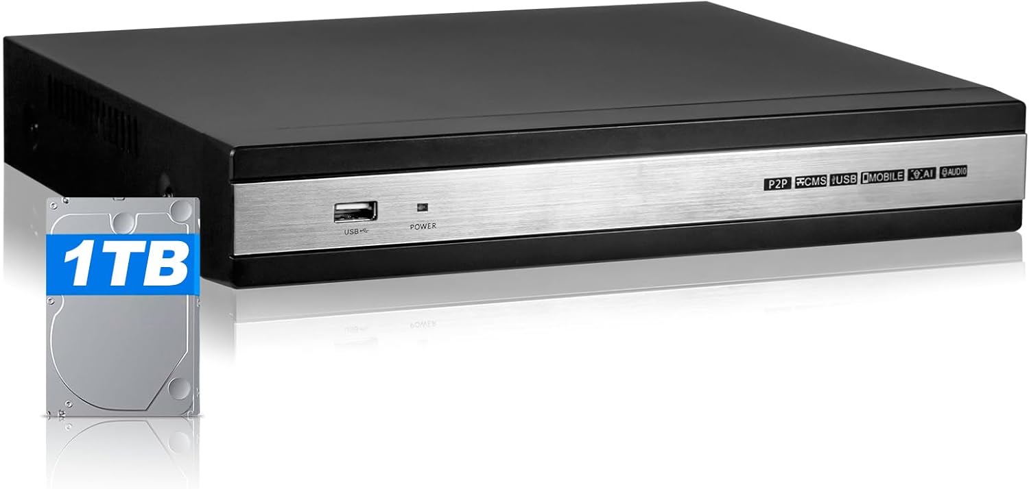 8 Channel Security DVR Recorder with 1TB Hard Drive, H.265+8 CH Surveillance Digital Video Recorder, Hybrid 6-in-1 (TVI/AHD/CVI/XVI/CVBS/IPC) CCTV DVR for Security Camera, Easy Remote Access