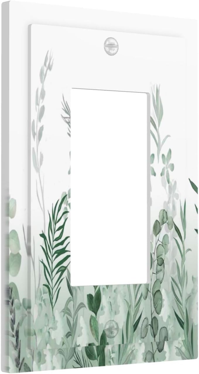 Watercolor Green Leaf Rustic Plant Eucalyptus Flowers Decorative Outlet Covers 1 Gang Single Rocker Light Switch Cover Plate Wall Plates GFCI Faceplate for Bed Room Living Room Decor