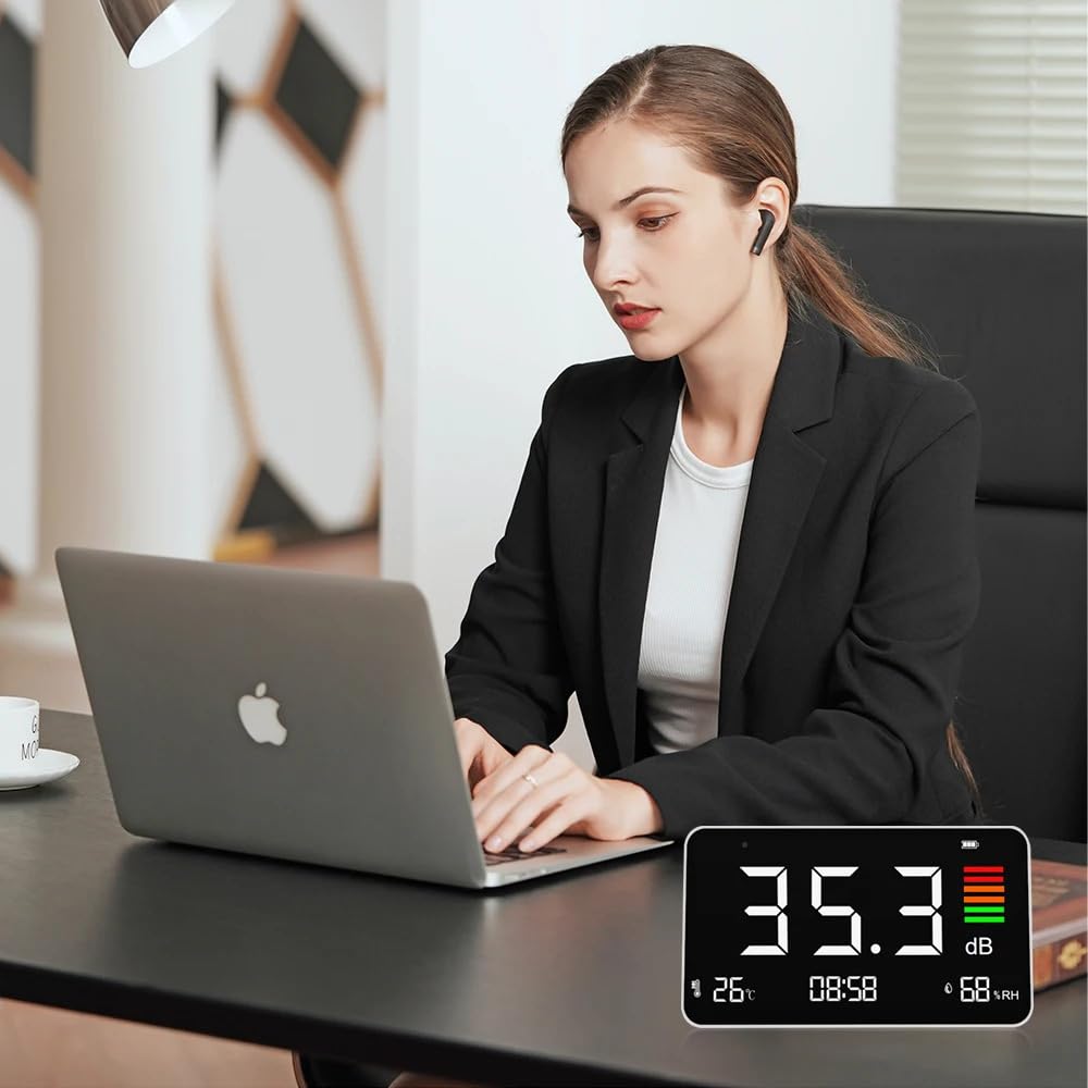 4-in-1 Decibel Meter Digital Sound Decibel Meter,Portable Sound Level Detector Rechargeable dB Noise Tester with A/C Frequency&DC Output, 3-Color Alarm, Real Time Measurement