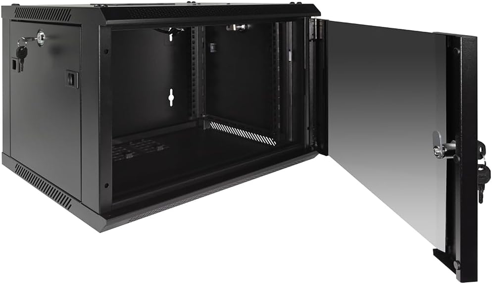 NavePoint 6U Server Rack Enclosure with Glass Door, Cooling Fan, Locks, & Removable Side Panels - 6U Wall Mount Network Cabinet 19 Inch Rack 17.7 Inches Deep