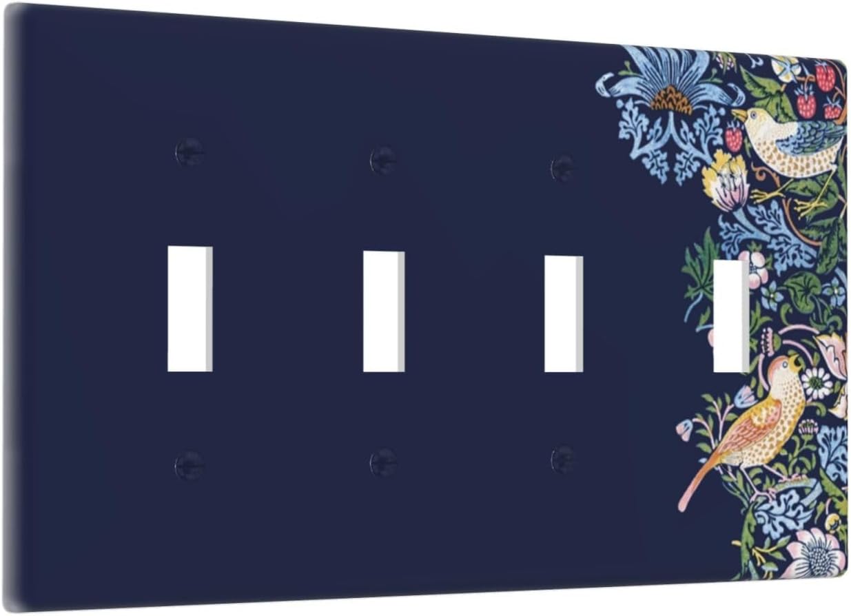 Decorative Light Switch Cover Plate Vintage Blue Morris Strawberry Thief Bird Flower 4 Gang Wall Plate Oversized Quad Toggle Switch Cover Plate Jumbo Faceplate