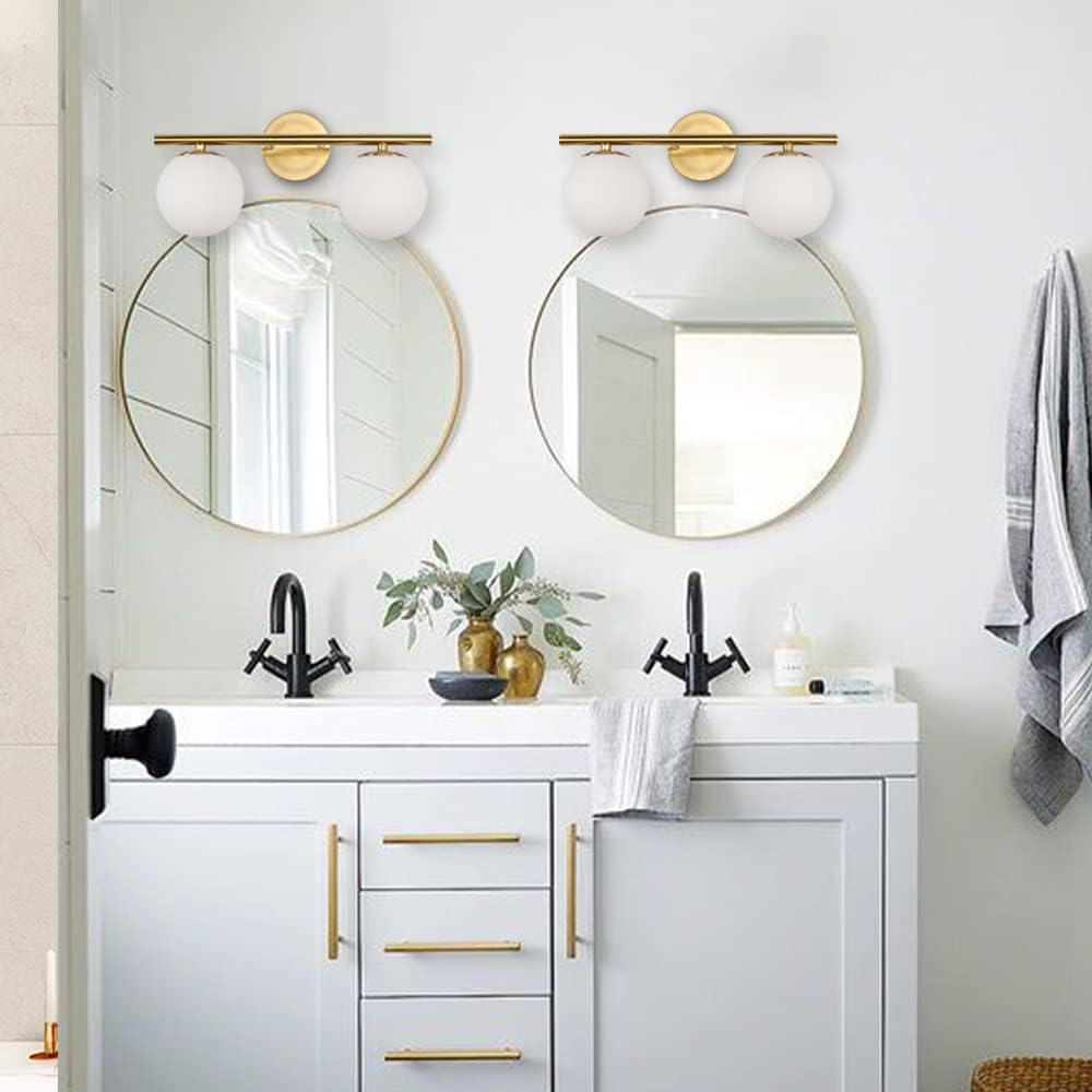 New Bathroom Vanity Light Fixtures 2 Lights Brushed Brass Milk White Globe Glass Shade Modern Wall Bar Sconce Over Mirror (Exclude Bulb