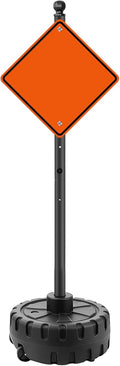 Portable Sign Post and Base Kit, 5 ft Heavy Duty Cast Iron Sign Pole with Hard Plastic Wheeled Base, Movable Signs Stand Easy to Use Portable Sign Holder for Traffic, Parking, and Safety Signs