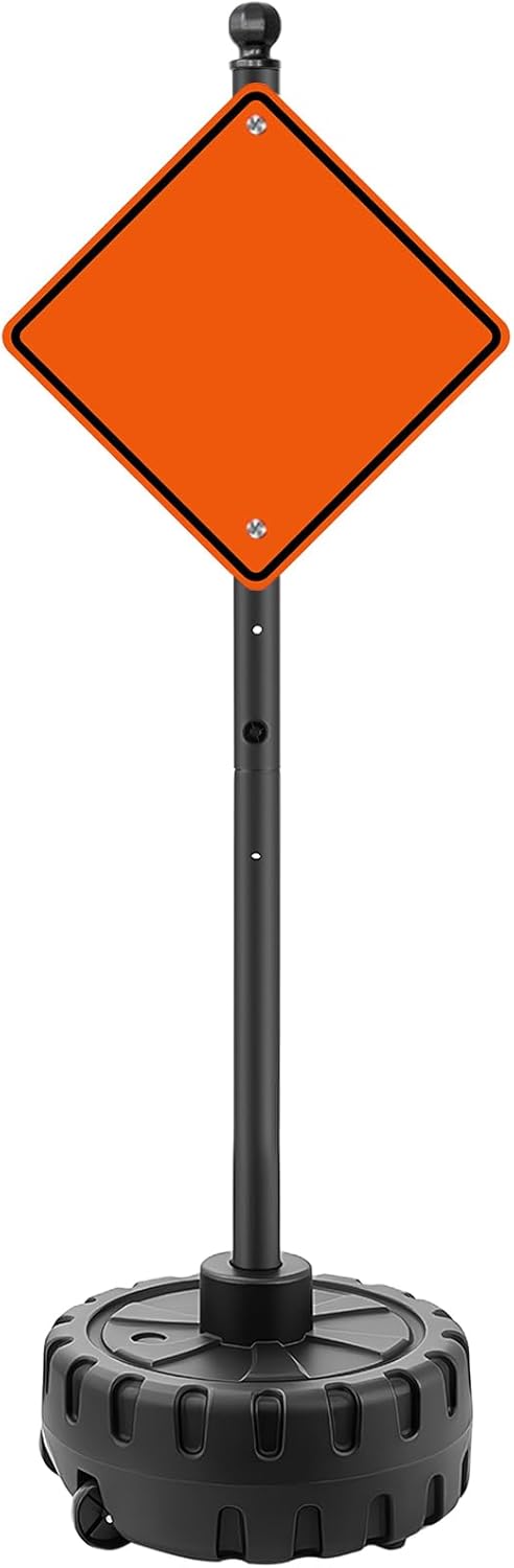 Portable Sign Post and Base Kit, 5 ft Heavy Duty Cast Iron Sign Pole with Hard Plastic Wheeled Base, Movable Signs Stand Easy to Use Portable Sign Holder for Traffic, Parking, and Safety Signs