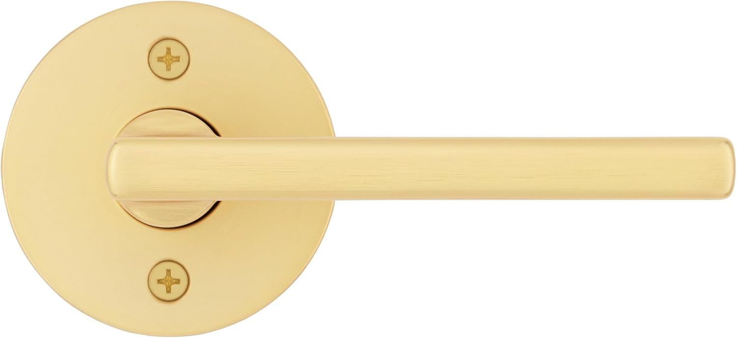 Kwikset Halifax Dummy Door Handle, Single Sided Lever for Closets, French Double Doors, and Pantry, Satin Brass Non-Turning Reversible Interior Push/Pull Lever, with Microban Protection