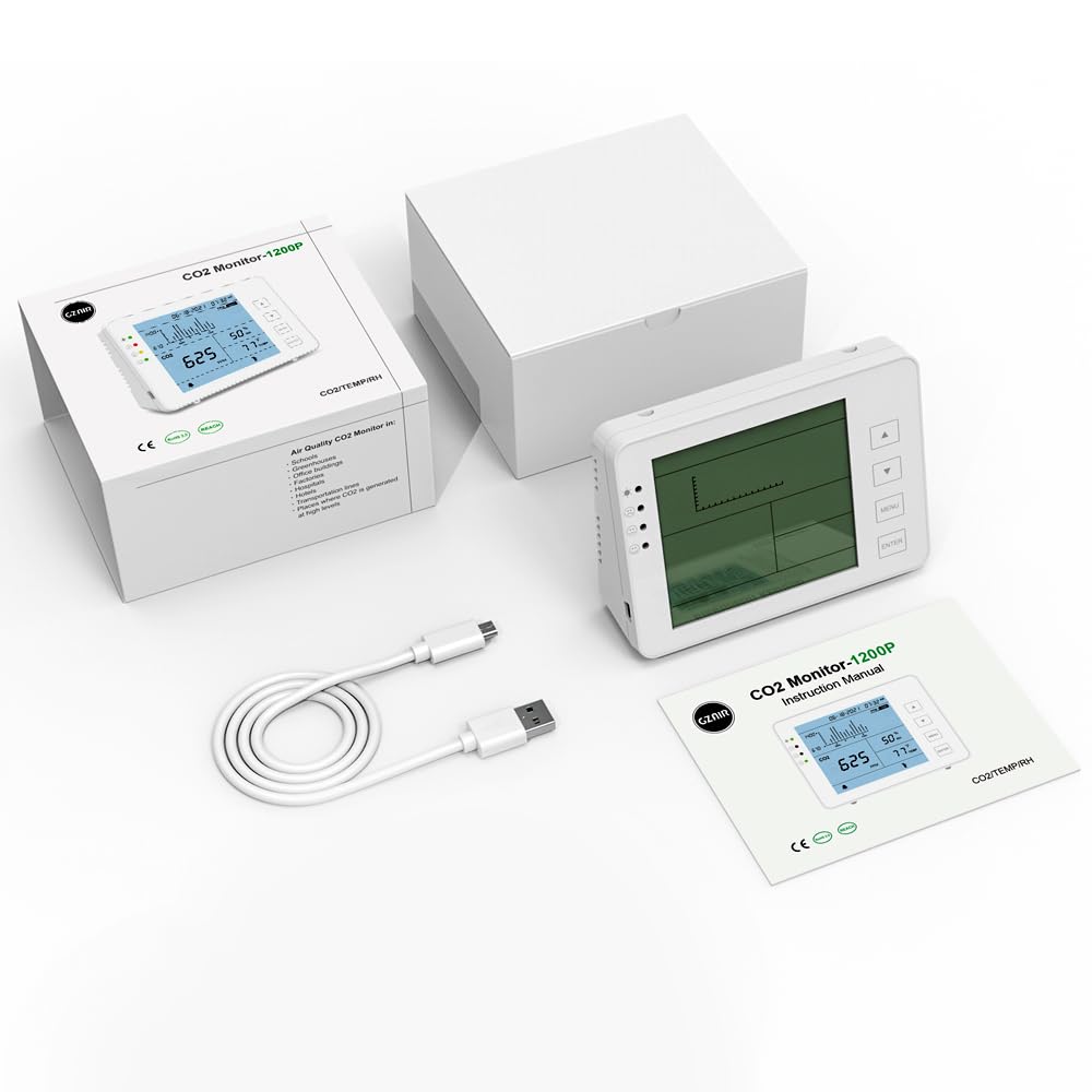 GZAIR CO2 Data Logger Monitor, Wall-Mounted Carbon Dioxide Detector, IAQ CO2 Detector, NDIR Sensor, Temperature and Humidity, 0~5000ppm Range (CO2 Detection Human/Plant Mode)