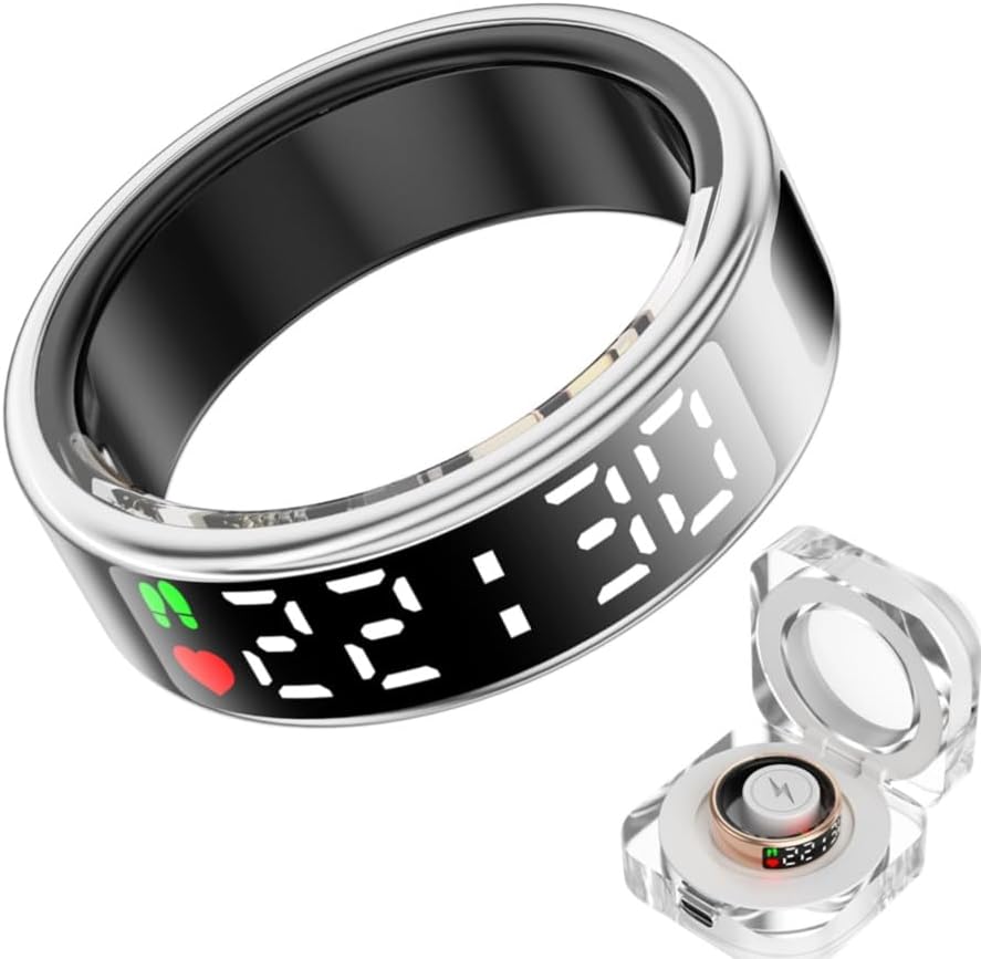 Smart Ring Health with LED Display Screen, Activity Tracker/Heart Rate/SpO2/Sleep/Step, Bluetooth Connection Smart Rings for Women Men, IP68 Waterproof Smart Ring for iPhone & Android (Silver, 11)
