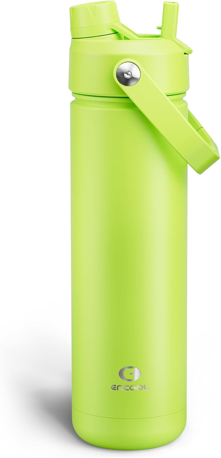 ENCOOL Insulated Water Bottle with Straw Stainless Steel Water Bottle, Leak-Proof, BPA-Free, Double Wall Vacuum Keeps Cold for 24 Hours for Sports, Travel, School (26 oz, Sharp Green)
