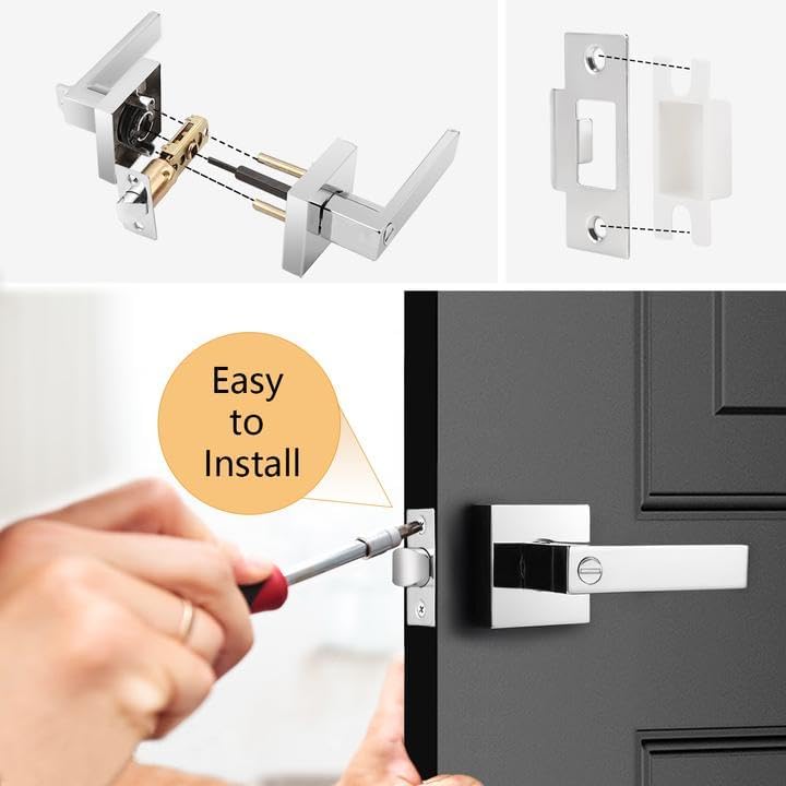 Probrico Polished Chrome Privacy Door Levers Heavy Duty Lockset for Interior Bedroom/Bathroom, Flat Square Universal Handing Handlesets/Leversets, 6 Pack