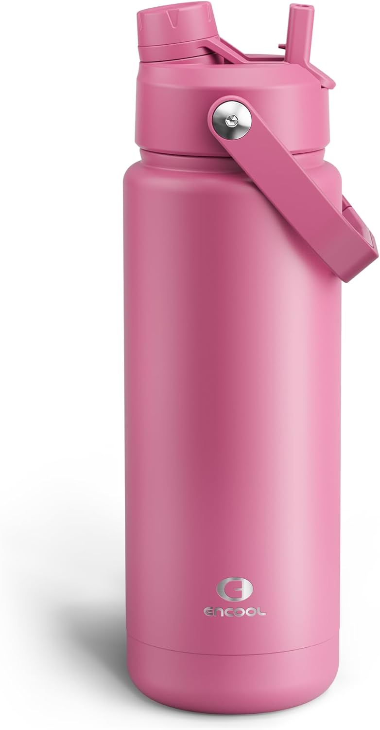 ENCOOL Insulated Water Bottle with Straw Stainless Steel Water Bottle, Leak-Proof, BPA-Free, Double Wall Vacuum Keeps Cold for 24 Hours for Sports, Travel, School (32 oz, Turkish Rose)