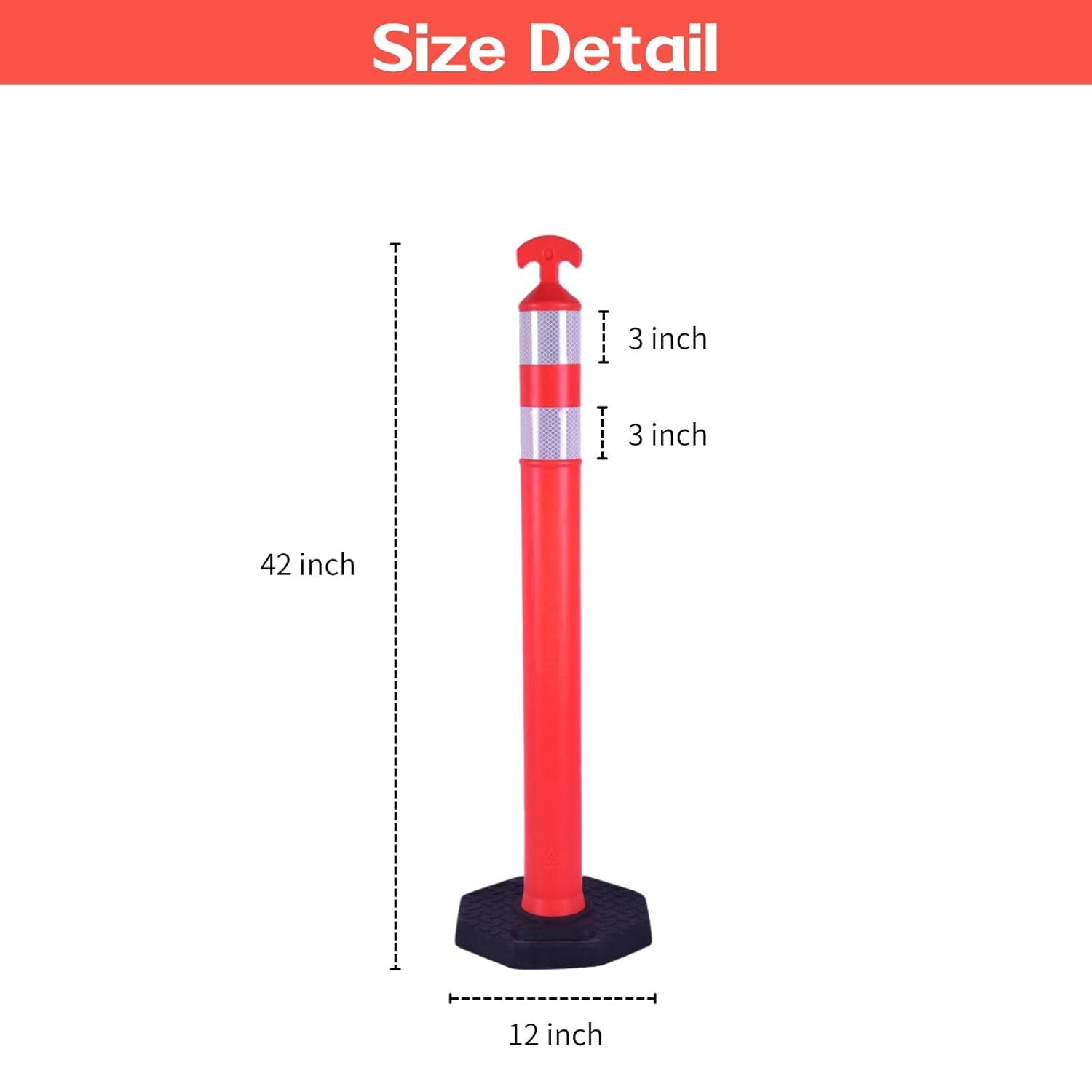 Reflective Rubber Base Traffic Delineator Post - Heavy-Duty Safety Bollards for Parking Lot Markers, Road Construction, Driveway Warning - with Reflective Strips (3 Pack - 42 Inch)