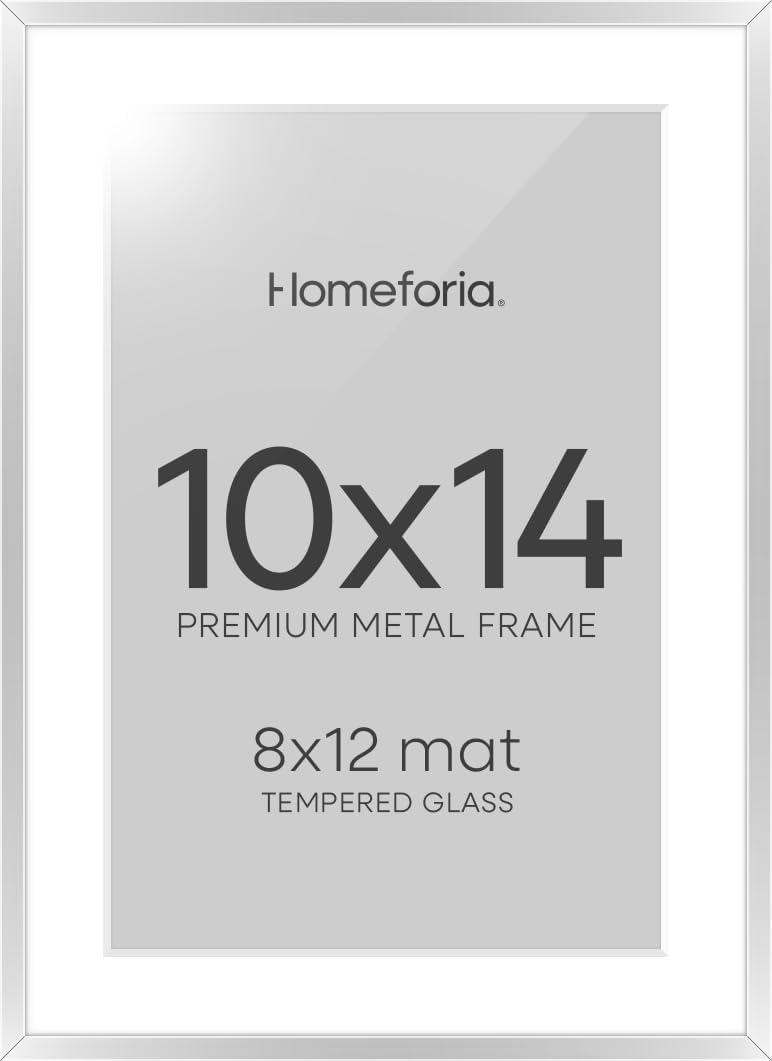 Homeforia 10x14 Picture Frame Silver, High End Metal 10x14 Frames with Mat 8x12, 10 x 14 Silver Poster Frame Matted to 8 x 12 inch Photo, 10by14 Thin Hanging Frames, Tempered Glass, Wall Kit, Set of 1