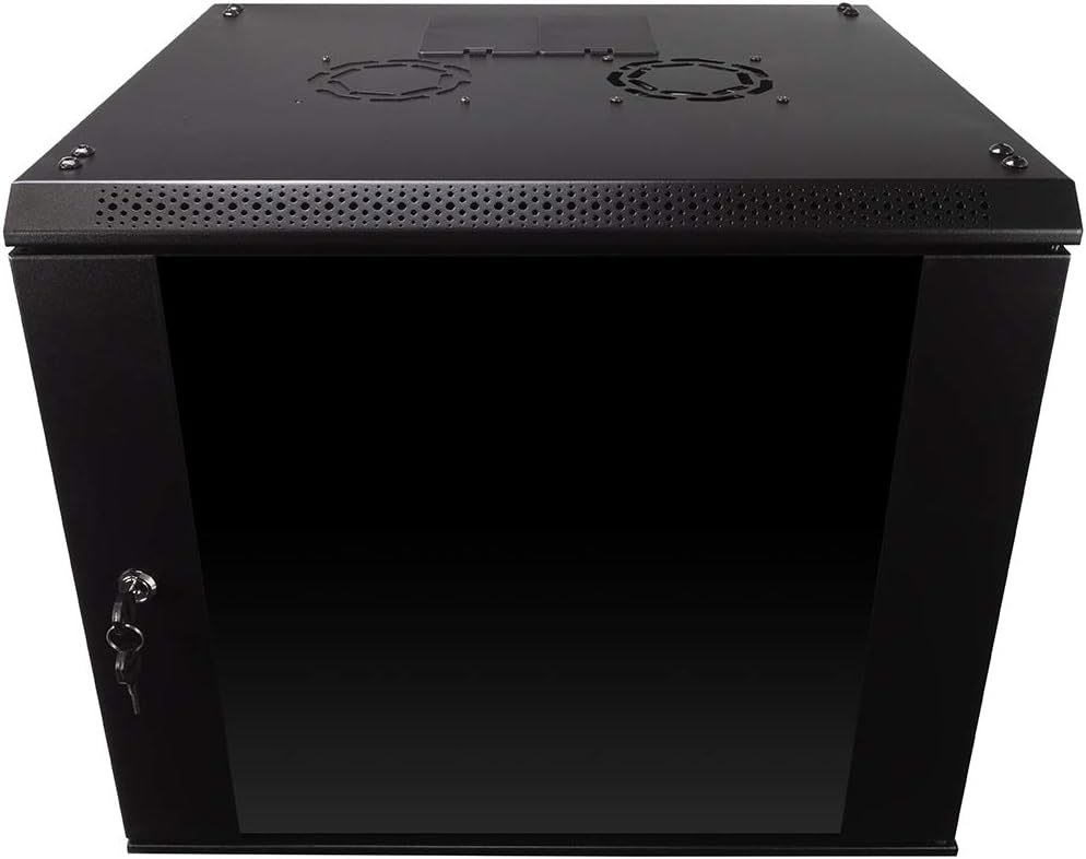 NavePoint 9U Server Rack Enclosure with Glass Door, Cooling Fan, Locks, & Removable Side Panels - 9U Wall Mount Network Cabinet 19 Inch Rack 17.7 Inches Deep