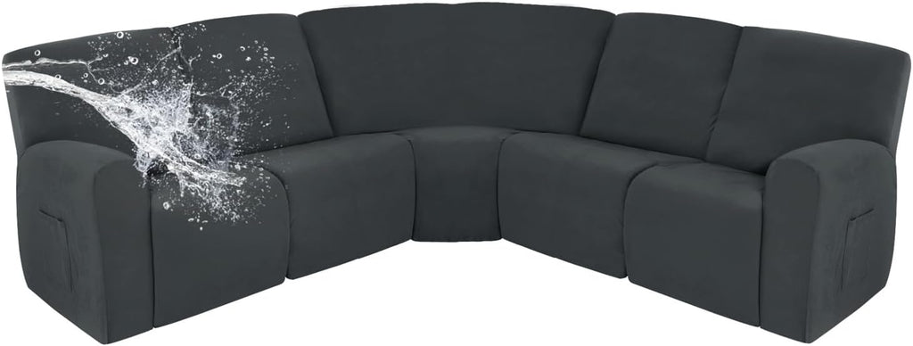 Easy-Going 100% Waterproof Recliner Cover, Stretch Couch Covers for Reclining Couches, Extra Large Sectional Sofa Slipcover, L-Shape Furniture Protector for Kids & Pets, 5 Seater, Dark Gray
