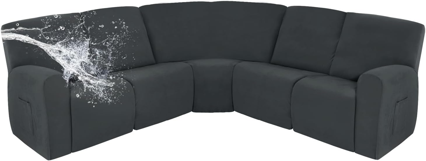 Easy-Going 100% Waterproof Recliner Cover, Stretch Couch Covers for Reclining Couches, Extra Large Sectional Sofa Slipcover, L-Shape Furniture Protector for Kids & Pets, 5 Seater, Dark Gray