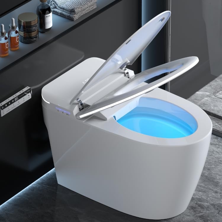 Luxury Smart Toilet with Foam Shield Auto-Open/Close Lid,One Piece Bidet Toilet Heated Seat for Bathrooms, Multiple Cleaning Modes,Aromatic Spray,Air Purification,Smart Foot Sensor