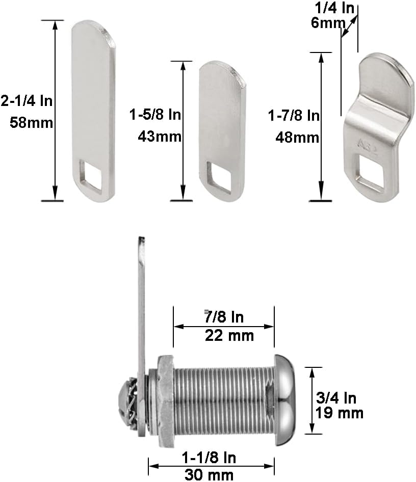 Cabinet Cam Locks Keyed Alike, 1-1/8” Cylinder Cam Locks for Tool Box RV Compartment Mailbox Vending Machine Drawer File Cabinet, Fits 7/8” Max Panel Thickness, Chrome Finish with 3 Cams and 2 Keys