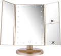 deweisn Floor Mount Tri-Fold Lighted Vanity Mirror with 21 LED Lights, Touch Screen and 3X/2X/1X Magnification, Two Power Supply Modes Make Up Mirror,Travel Mirror
