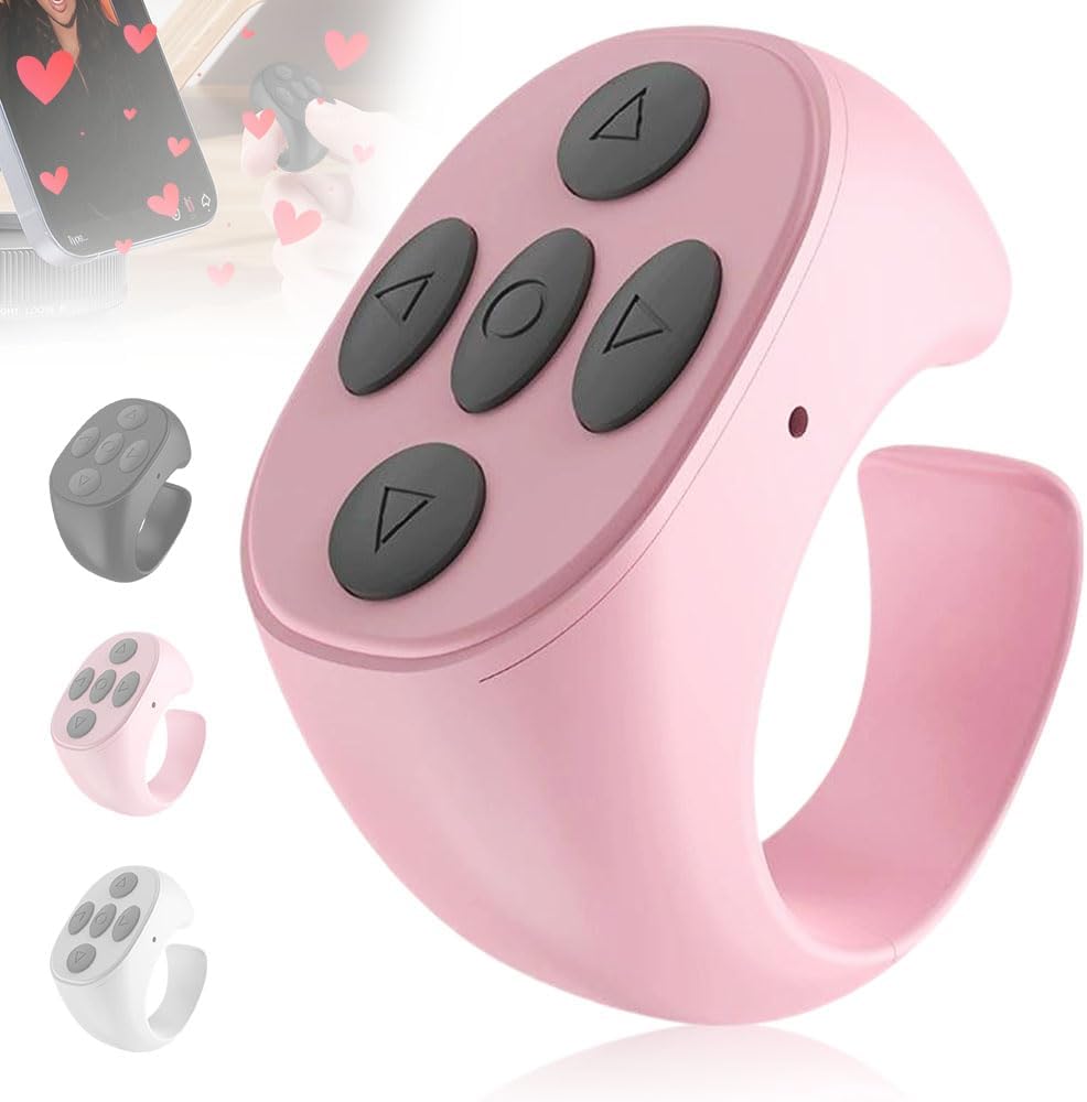 Fingertip Wireless Bluetooth Remote Control, 2026 New Bluetooth Ring Scroller Video Scrolling Ring Remote Control Page Turner (Pink)