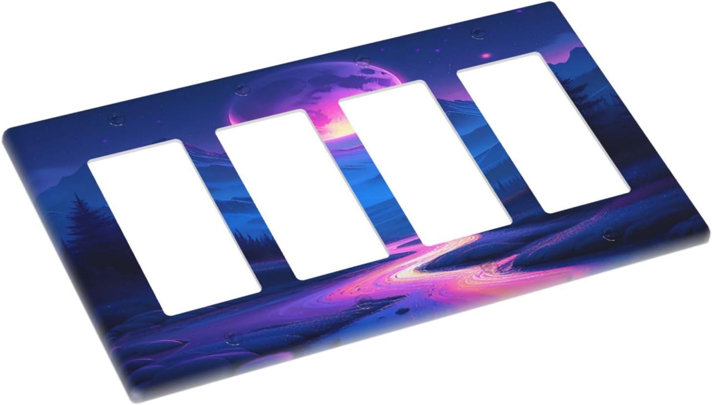 Purple Cyberpunk River Full Moon Mountain Forest Wallplates 4 Gang Quad Rocker Decorative Light Switch Covers Electrical GFCI Faceplate Switch Plate for Bedroom Bathroom Decor