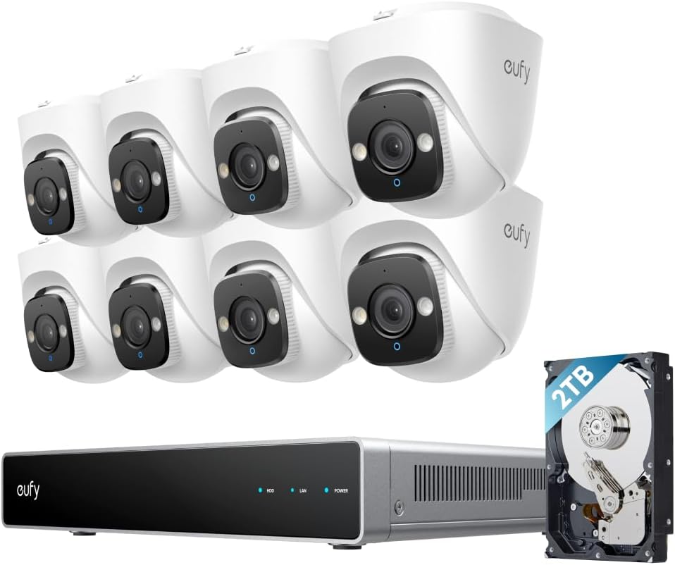 eufy PoE NVR Security System E41,24/7 Recording,Up to 16CH, 2TB HDD, 8 4K Turret Cams, Wired Outdoor Cam, 4K UHD, 122° FOV, Color Night Vision, AI Detection, Red and Blue Strobe