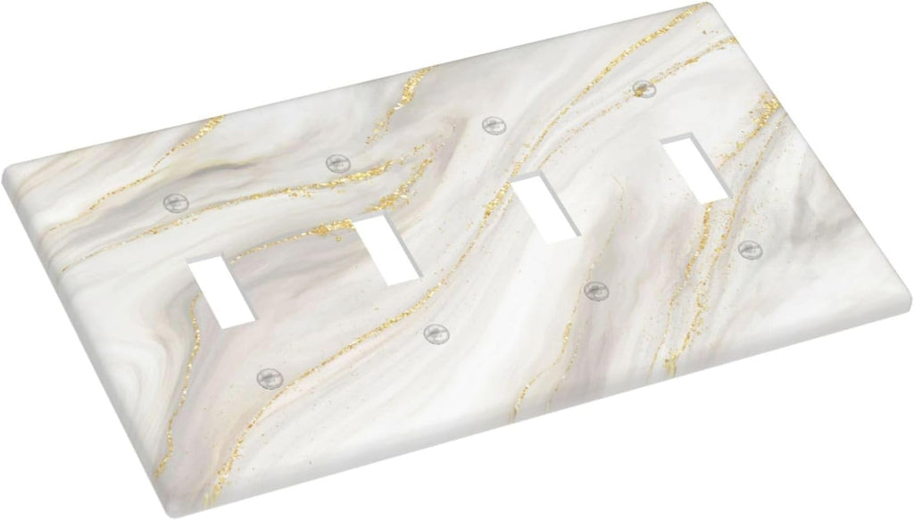 White Grey Gold Marble Simple Tiles Light Switch Covers Quad Toggle Electrical Faceplate 4 Gang Wall Plate Decorative Switch Plates for Bathroom Kitchen Decor