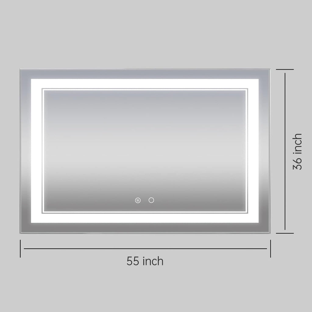 COOL2DAY LED Mirror for Bathroom,55x36 Inch Lighted Bathroom Vanity Mirror with Lights, Double Light Strips, 3 Colors, Shatter-Proof, Anti-Fog and Brightness Memory