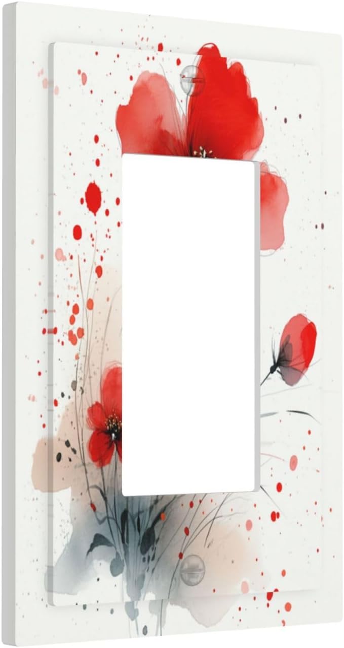 Vintage Watercolor Red Flowers Floral Decorative Outlet Covers 1 Gang Single Rocker Light Switch Cover Plate Wall Plates GFCI Faceplate for Bedroom Bathroom Decor