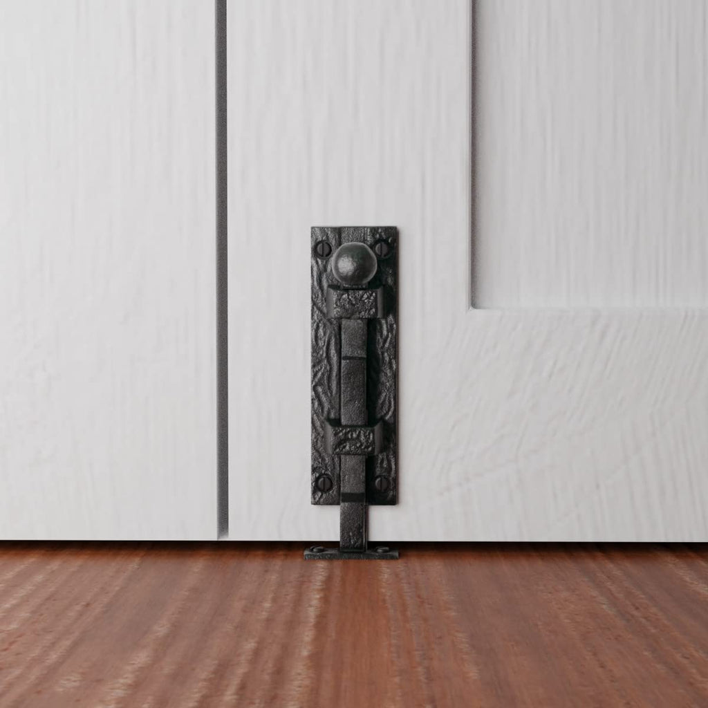 Renovators Supply Manufacturing Door Lock Latch 4 in. Black Wrought Iron Ball Tip Styled Necked Offset Slide Bolt Latch with Mounting Hardware