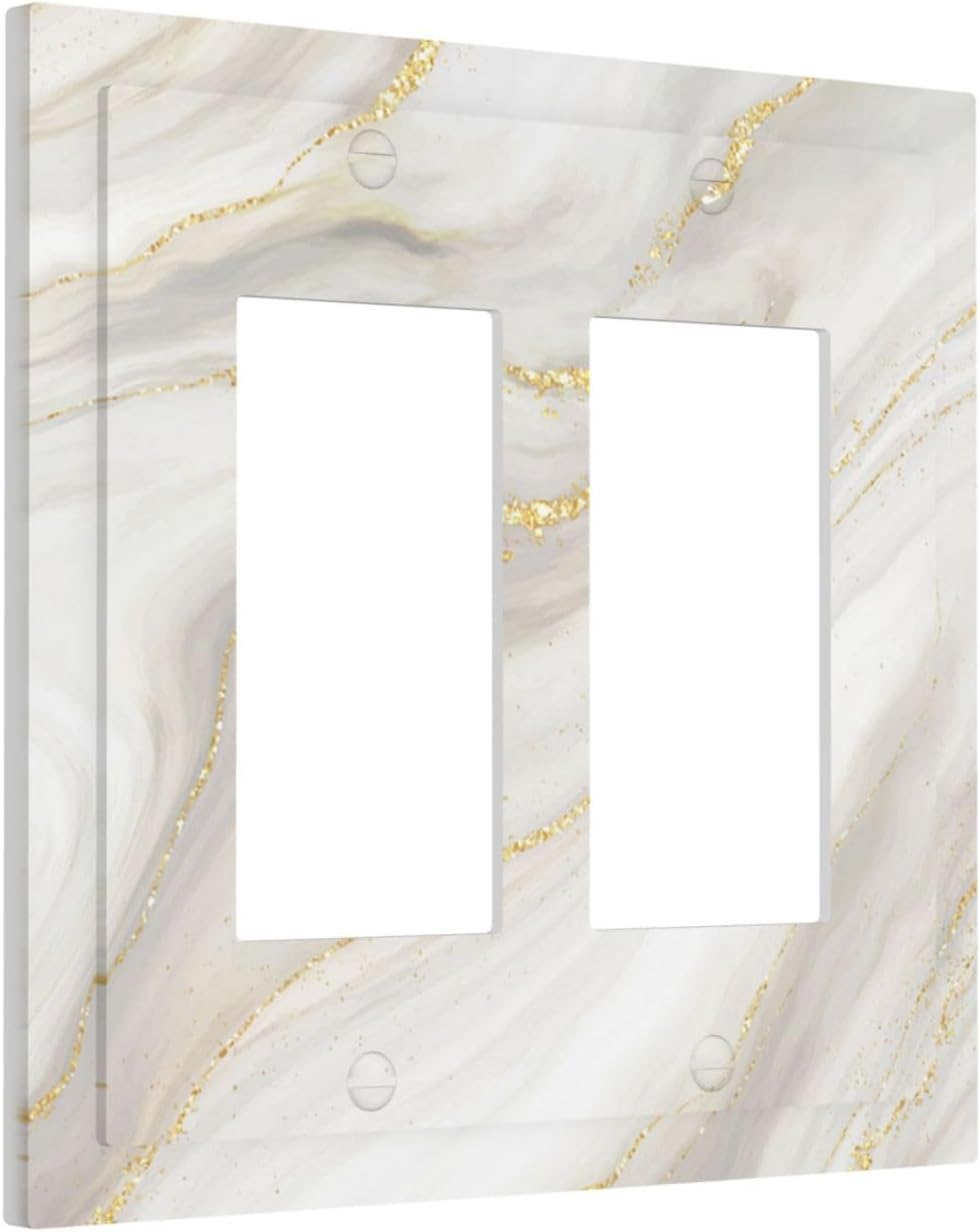 White Grey Gold Marble Simple Tiles Decorative Outlet Covers 2 Gang Double GFCI Rocker Electrical Wall Panels Light Switch Cover Plate for Bathroom Kitchen Decor