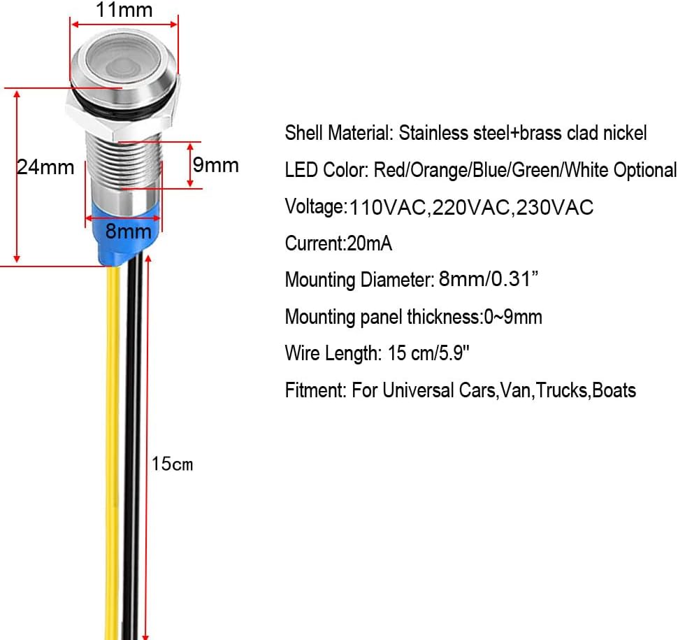 5pcs 8mm LED Metal Indicator Light 110V-220VAC Waterproof Signal Lamp (White)