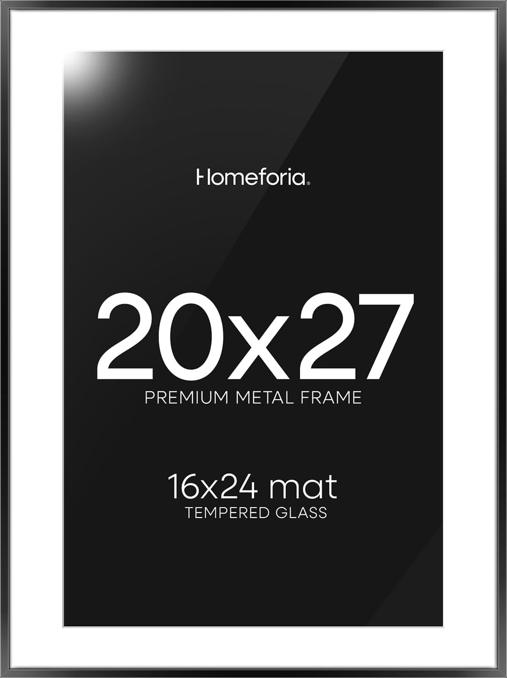 Homeforia 20x27 Picture Frame Black, High End Metal 20x27 Poster Frames with Mat 16x24 for Photo, 20 x 27 Black Frame Matted to 16 x 24 inch Print, 27x20 Thin Frame, Tempered Glass, Wall Kit, Set of 1