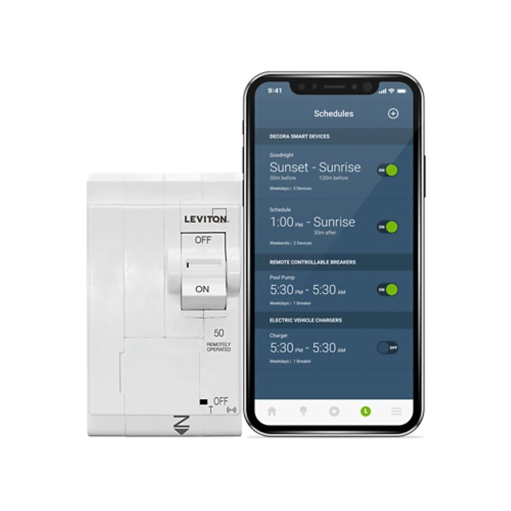Leviton 2nd Gen Smart Circuit Breaker with Remote Control, Standard, 2-Pole 50 Amp, 120/240-Volt and 120/208-Volt, 10kA Interrupt Rating, LB250-ST