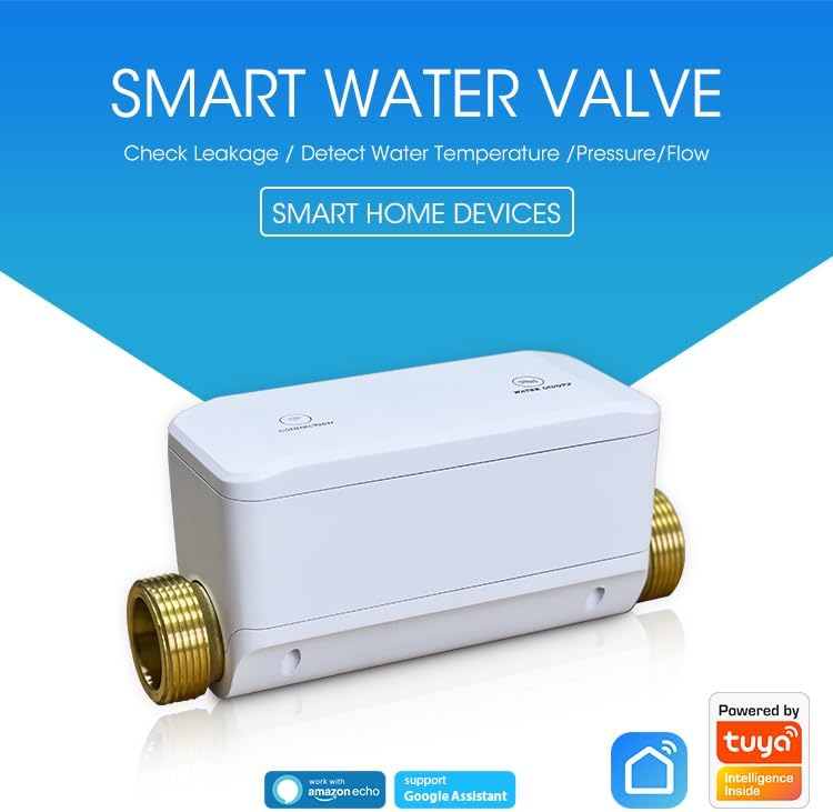 Haozee WiFi Smart Water Valve with Automatic Shut-Off, Ultrasonic Flow Rate Detect, Water Temperature/Water Pressure/Water Flow Rate Detect, APP Remote Control for DN20 (3/4 inch) Pipes